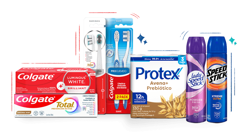 Variedad de productos Colgate-Palmolive que incluye cremas dentales Colgate, cepillos de dientes, jabón Protex y desodorantes Speed Stick.