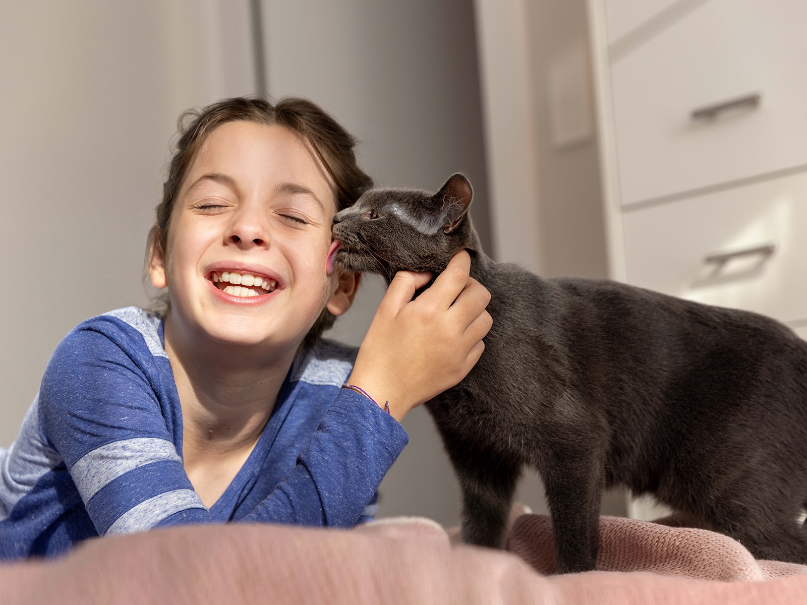 child receives kisses from cute kitty 