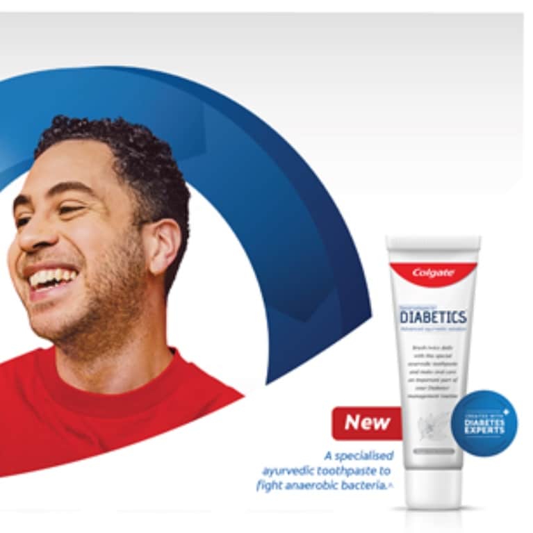 Colgate India toothpaste for diabetics with man smiling using specialized ayurvedic toothpaste recommended by diabetologists