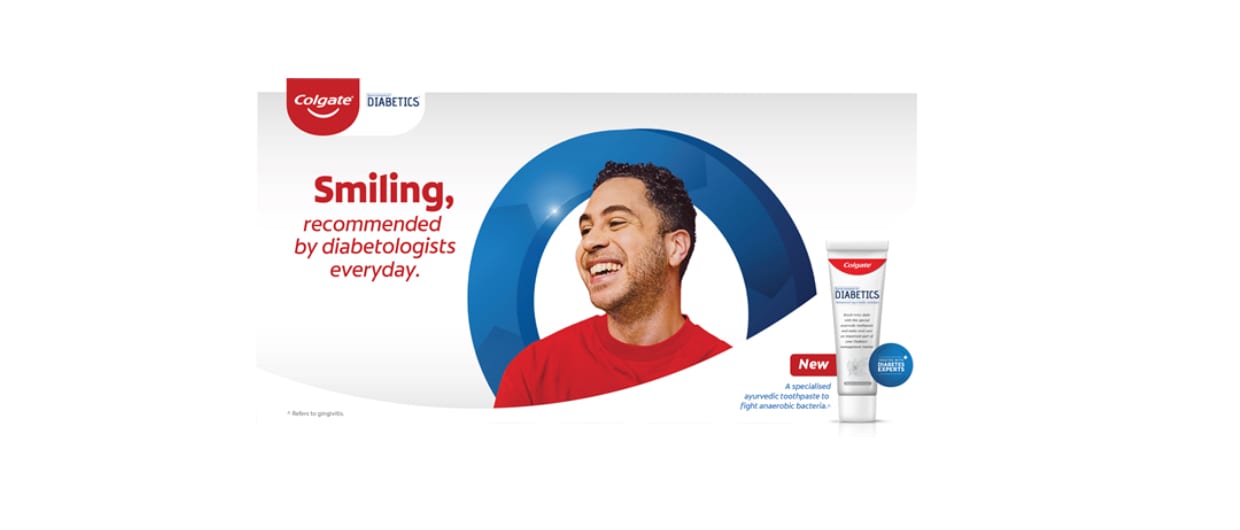 Colgate India toothpaste for diabetics with man smiling using specialized ayurvedic toothpaste recommended by diabetologists