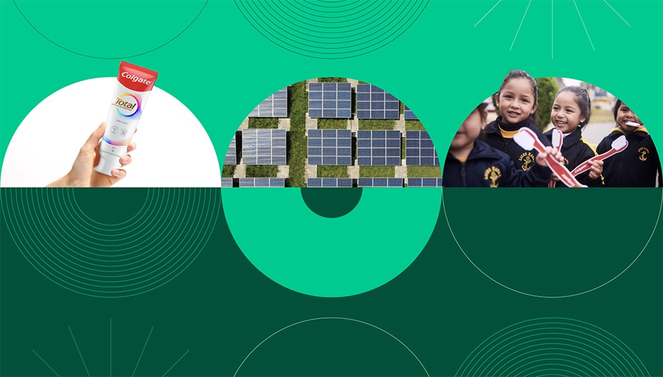A_green_collage_showing_a_Colgate_toothpaste_tube_and_solar_panels_and_smiling_children_holding_oversized_toothbrushes.