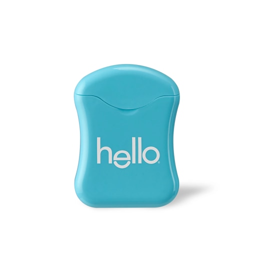 Hello brand blue floss container against a white background. 