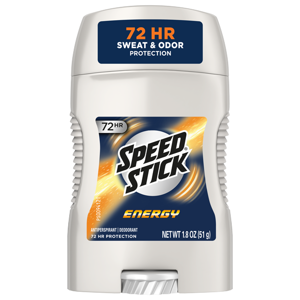 Front view of Speed Stick Energy Antiperspirant Deodorant stick, 1.8 oz size. Features a navy blue and orange label highlighting 72-hour sweat and odor protection.
