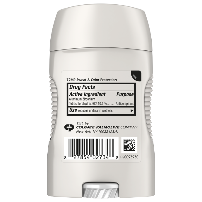 Back view of the Speed Stick Energy packaging displaying the Drug Facts label, active ingredient information, usage instructions, and the Colgate-Palmolive distributor text.