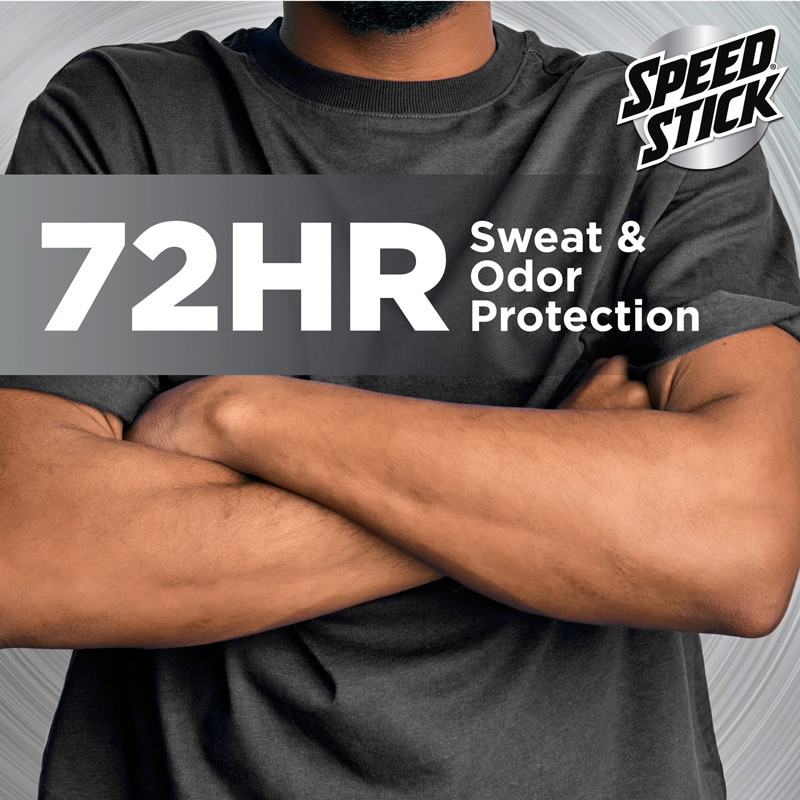 A man standing with arms crossed against a silver textured background. Large white text overlays the image reading, "72HR Sweat & Odor Protection," featuring the Speed Stick logo.