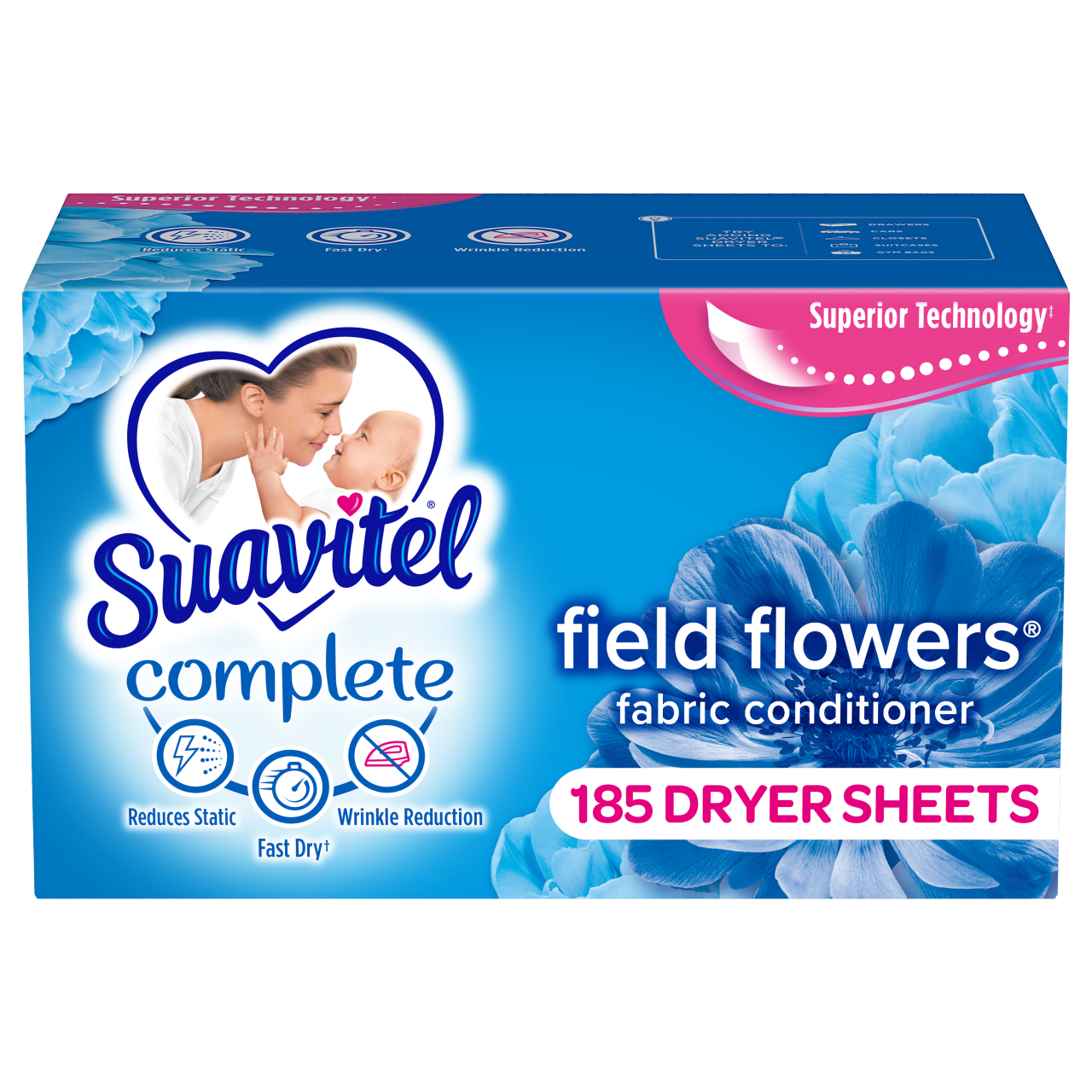 Blue box of Suavitel dryer sheets