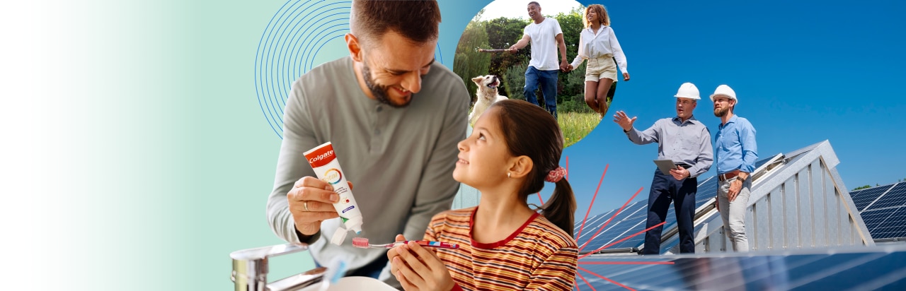 Collage of multiple sustainable efforts done by Colgate-Palmolive as part of Sustainability & Social Impact efforts.