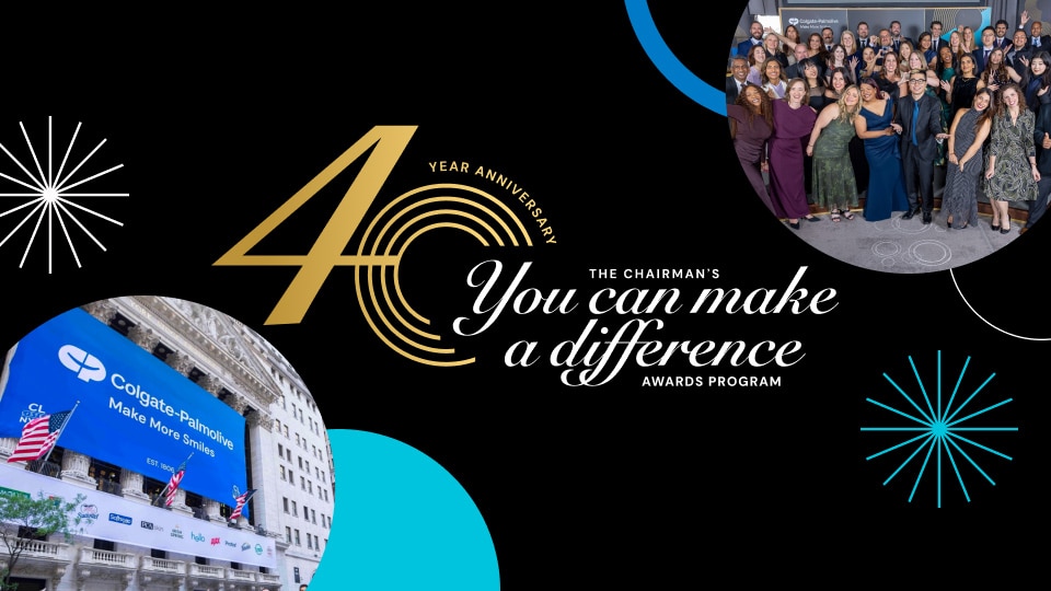YCMAD 40th anniversary logo and photos of the celebration and the NYSE with a banner honoring Colgate-Palmolive.