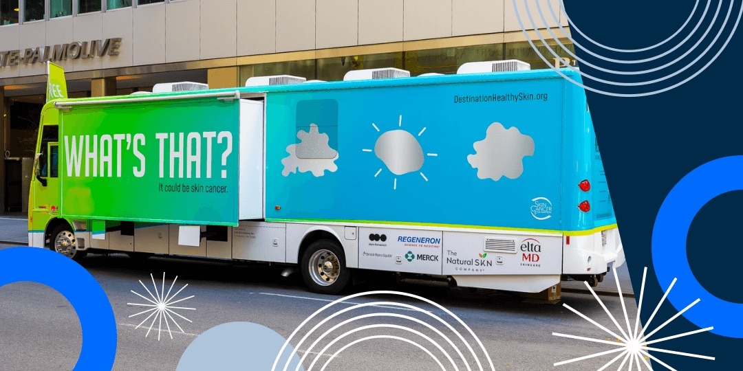 Skin Cancer Foundation Destination Healthy Skin RV parked in front of Colgate-Palmolive Manhattan headquarters.