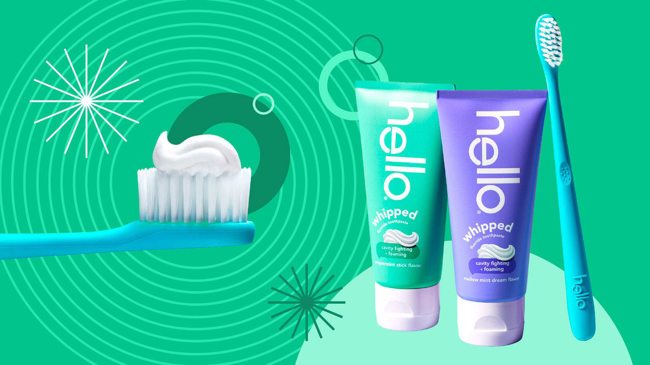 Collage showing two tubes of hello Whipped toothpaste, product on brush and decorative motifs.