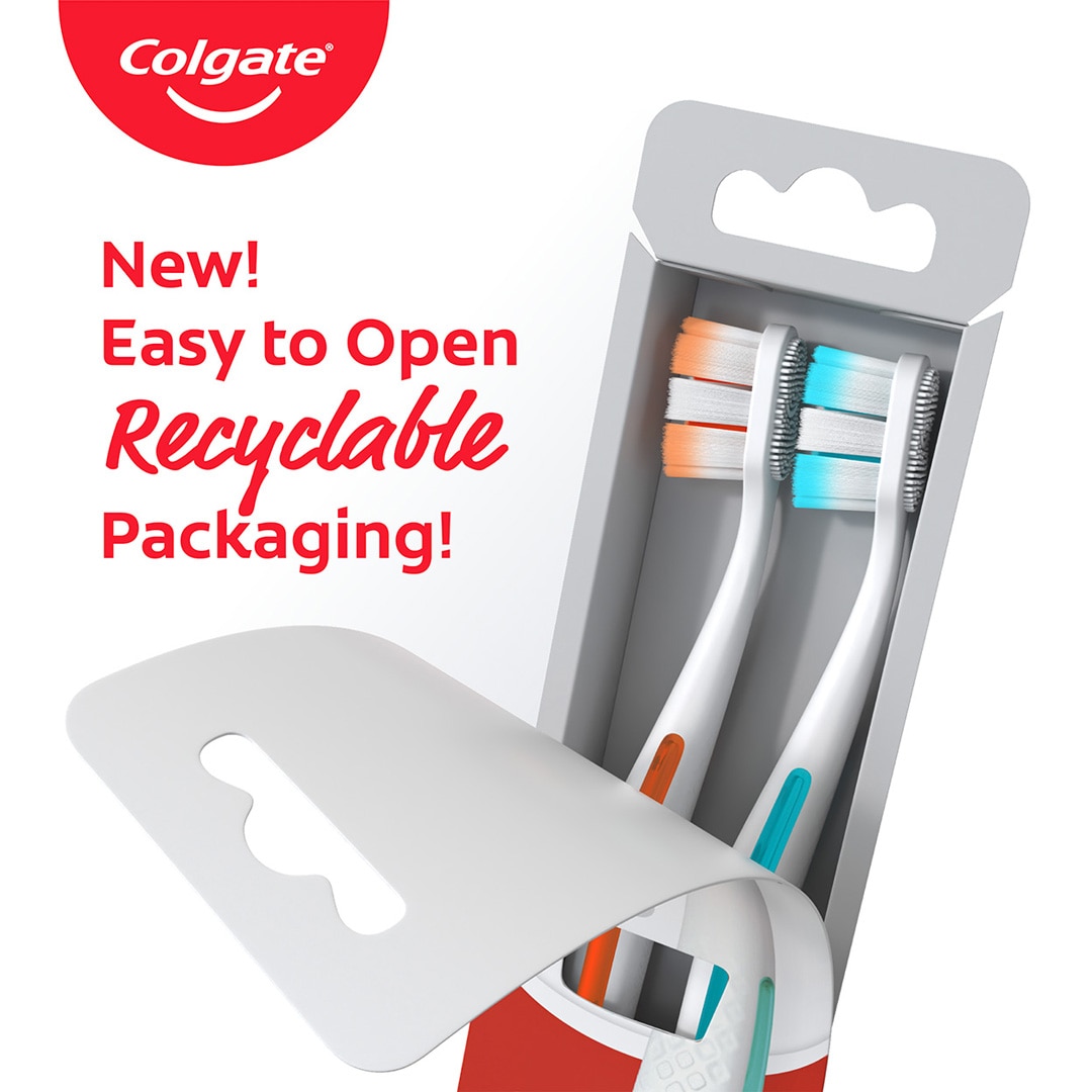 Detail showing new, easy to open recyclable packaging for two-brush set.