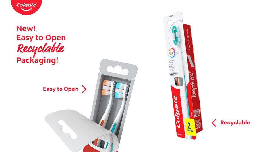 Detail showing new, easy to open recyclable packaging for two-brush set.
