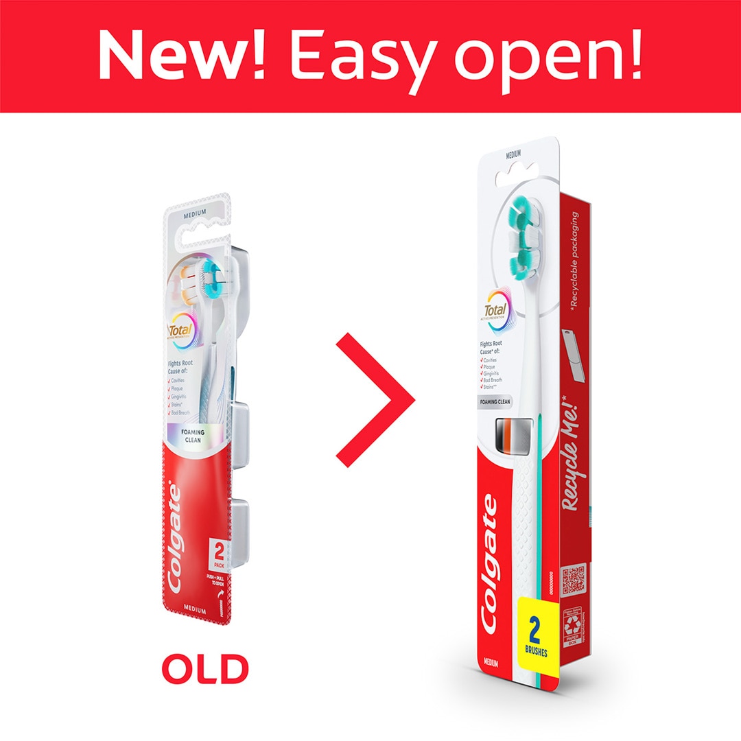 Comparison of old plastic blister pack with new, easy-open carton.