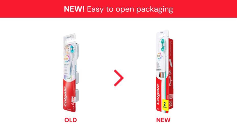 Comparison of old plastic blister pack with new, easy-open carton.