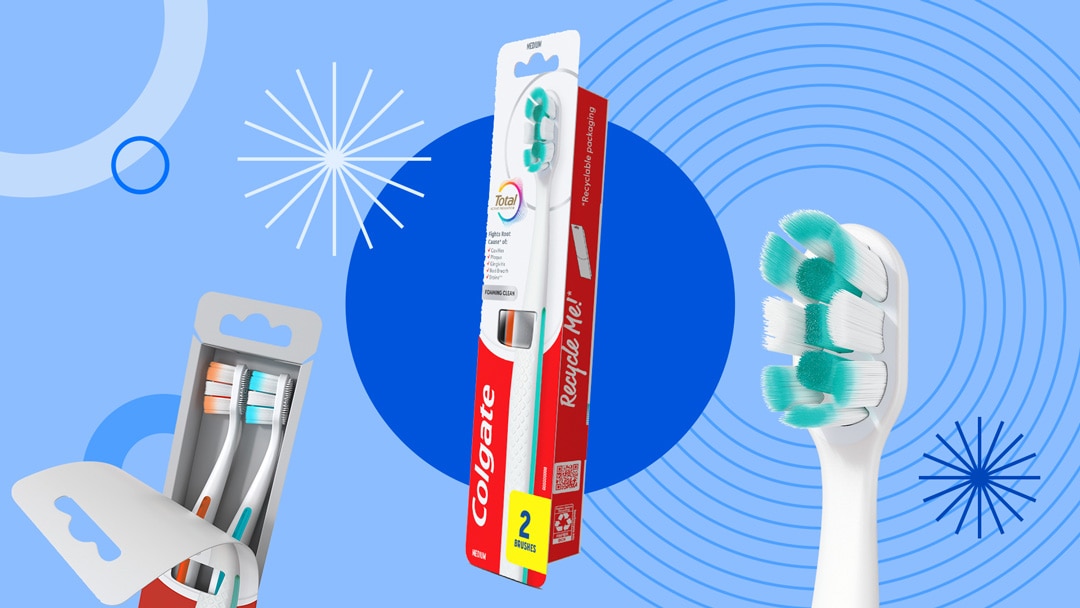 Collage highlighting ease of opening toothbrush packaging, new design and toothbrush head detail.