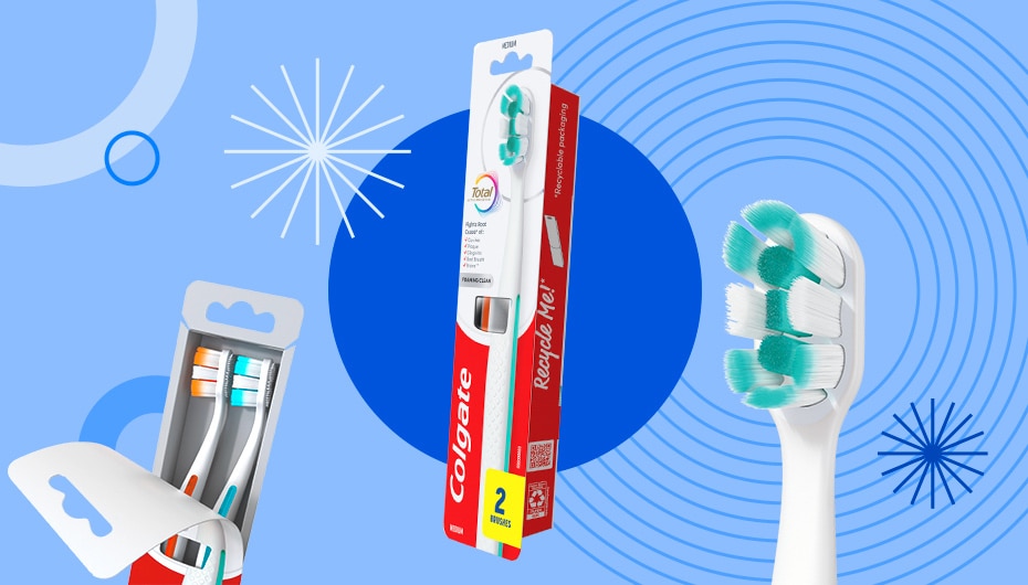 Collage highlighting ease of opening toothbrush packaging, new design and toothbrush head detail.