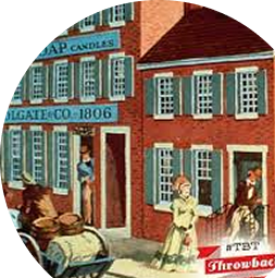 Painting of a 19th-century street scene showing people walking, a woman with a parasol, and a building with blue shutters and a Colgate Co. 1806 sign.