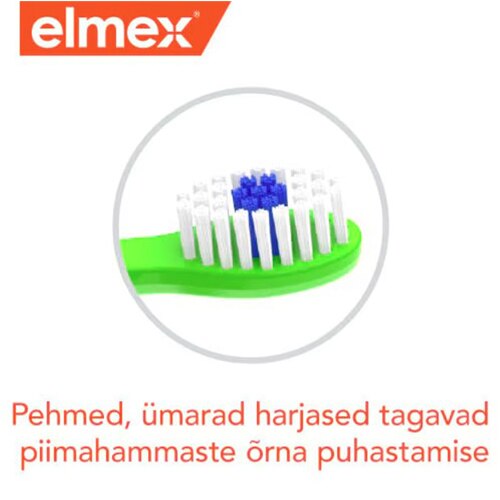 Elmexi logo, lähivõte rohelise laste hambaharja peast valgete ja sinist harjastega ning eestikeelne tekst 'Pehmed, ümarad harjased tagavad piimahammaste õrna puhastamise'.