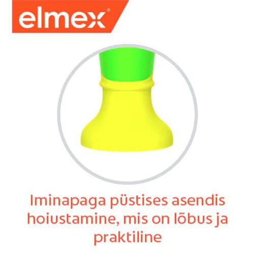 Elmexi logo, lähivõte laste hambaharja kollasest iminapast ning eestikeelne tekst 'Iminapaga püstises asendis hoiustamine, mis on lõbus ja praktiline'.