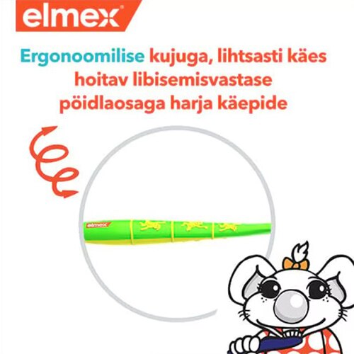 Elmexi logo, ilustratsioon hiiretegelasest hambaid pesemas ning lähivõte rohelisest ja kollasest ergonoomilisest hambaharja käepidemest koos eestikeelse tekstiga 'Ergonoomilise kujuga, lihtsasti käes hoitav libisemisvastase pöidlaosaga harja käepide'.