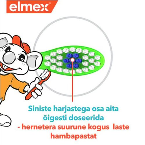 Elmexi logo, lõbus hiiretegelane ning pealtvaade rohelise hambaharja peale siniste harjastega keskosaga, mida näitab punane joon koos eestikeelse tekstiga 'Siniste harjastega osa aita õigesti doseerida - hernetera suurune kogus laste hambapastat'.