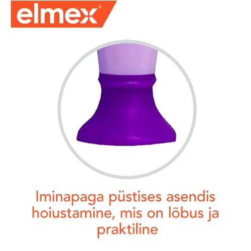 Elmexi logo, lähivõte laste hambaharja lillast iminapast ning eestikeelne tekst 'Iminapaga püstises asendis hoiustamine, mis on lõbus ja praktiline'.
