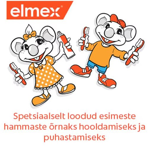 Elmexi logo, kaks lõbusat hiiretegelast hambaharjade ja hambapastaga ning eestikeelne tekst 'Spetsiaalselt loodud esimeste hammaste õrnaks hooldamiseks ja puhastamiseks'.