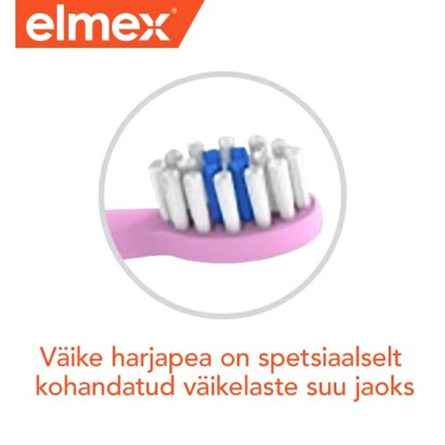 Elmexi logo, lähivõte roosa hambaharja väikesest peast ning eestikeelne tekst 'Väike harjapea on spetsiaalselt kohandatud väikelaste suu jaoks'.