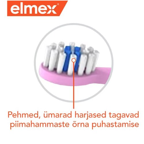 Elmexi logo, lähivõte roosa laste hambaharja peast valgete ja sinist harjastega ning eestikeelne tekst 'Pehmed, ümarad harjased tagavad piimahammaste õrna puhastamise'.