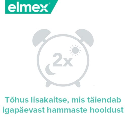 Elmexi logo, äratuskella ikoon tekstiga '2x' ning päikese ja kuusümbolitega, koos eestikeelse tekstiga 'Tõhus lisakaitse, mis täiendab igapäevast hammaste hooldust'.