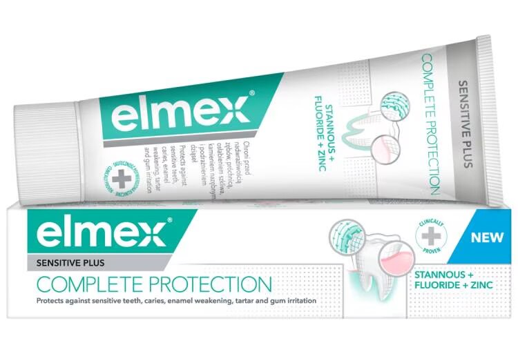 Elmex Sensitive Plus Complete Protection hambapasta tuub ja selle valge-roheline kartongpakend.