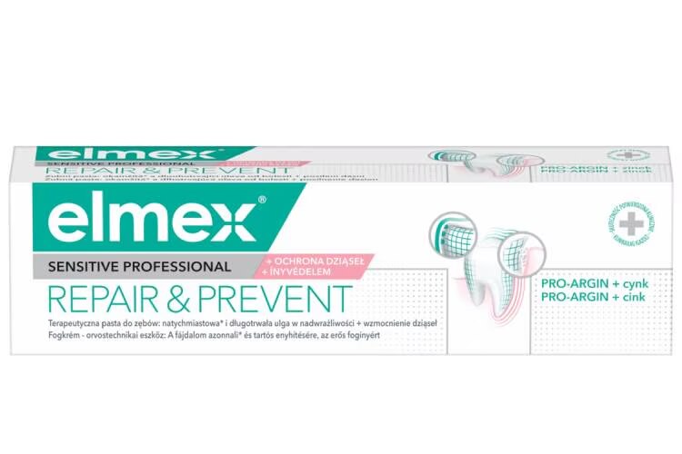 Elmex Sensitive Professional Repair & Prevent hambapasta valge-roheline kartongpakend tootekirjelduste ja hamba illustratsiooniga.