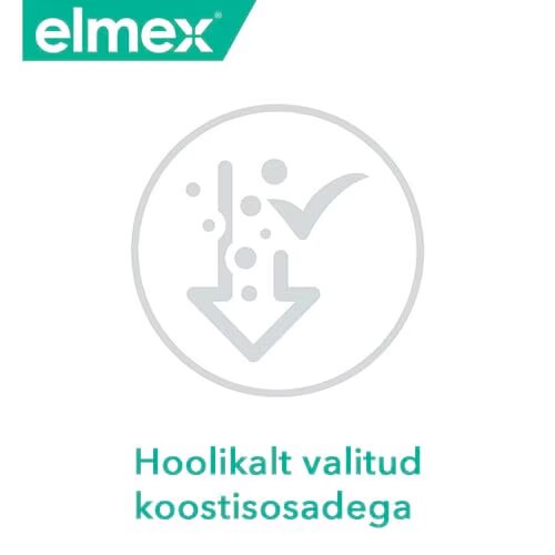 Elmexi logo, linnukese ja alla suunatud noolega ikoon ning eestikeelne tekst 'Hoolikalt valitud koostisosadega'.