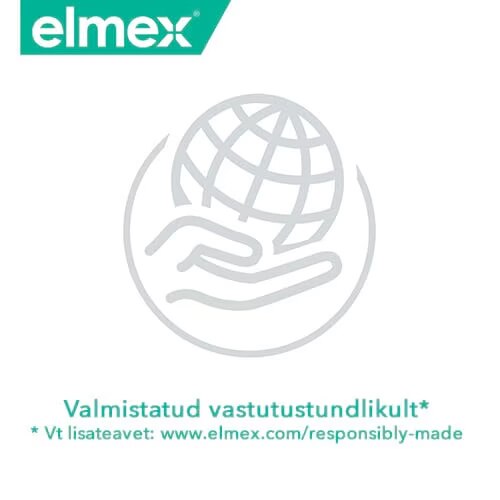 Elmexi logo, maakera hoidva käe ikoon ja eestikeelne tekst 'Valmistatud vastutustundlikult' koos veebiaadressi viitega.
