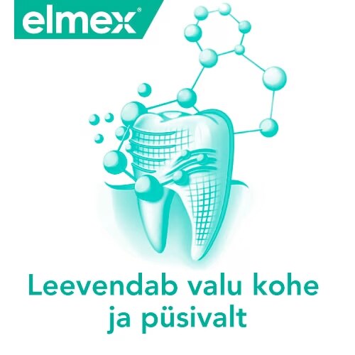 Elmexi logo, hamba ja molekulstruktuuri illustratsioon ning eestikeelne tekst 'Leevendab valu kohe ja püsivalt'.