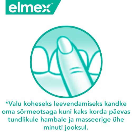 Elmexi logo, sõrmega hambale masseerimist kujutav roheline ikoon ning eestikeelne tekst 'Valu koheseks leevendamiseks kandke oma sõrmeotsaga kuni kaks korda päevas tundlikule hambale ja masseerige ühe minuti jooksul.'.