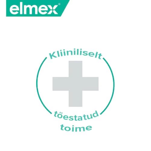 Elmexi logo, halli ristiga ringikujuline ikoon ja eestikeelne tekst 'Kliiniliselt tõestatud toime'.