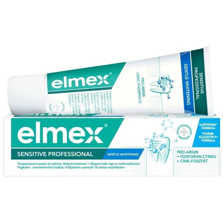 Elmex Sensitive Professional Gentle Whitening hambapasta tuub ja selle valge-roheline kartongpakend tootekirjelduste ning hamba illustratsiooniga.