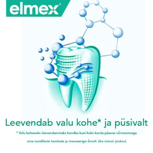 Elmexi logo, hamba ja molekulstruktuuri illustratsioon ning eestikeelne tekst 'Leevendab valu kohe ja püsivalt' koos kasutusjuhise märkusega.