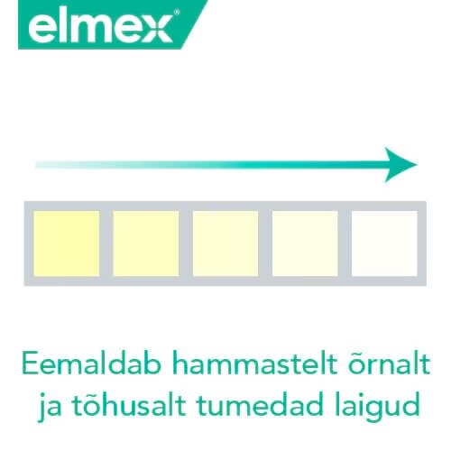 Elmexi logo, hammaste valgendamist näitav tooniriba noolega ning eestikeelne tekst 'Eemaldab hammastelt õrnalt ja tõhusalt tumedad laigud'.