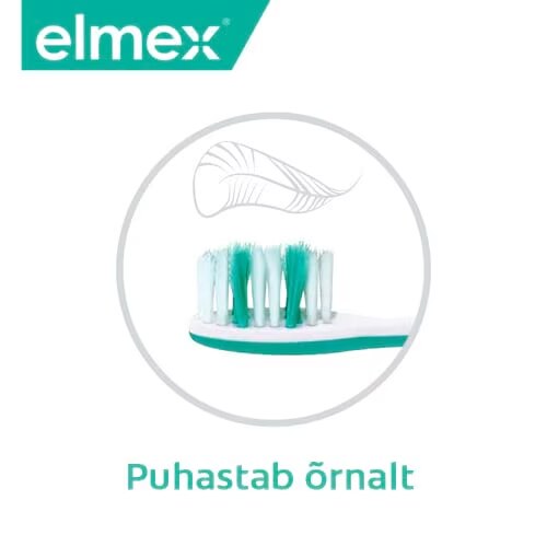 Elmexi hambaharja pea sule illustratsiooniga ja tekst "Puhastab õrnalt".