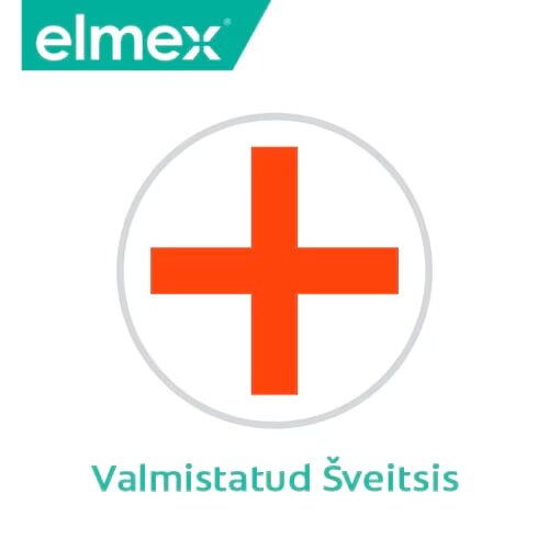 Šveitsi lipu sümboliga ikoon ja tekst "Valmistatud Šveitsis" Elmexi logoga.