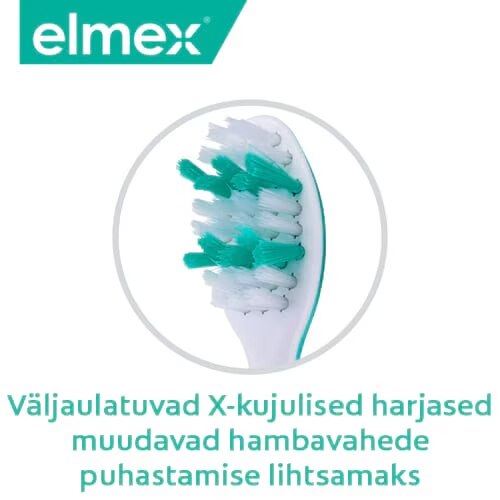 Elmexi hambaharja X-kujulised harjased ja tekst "Väljaulatuvad X-kujulised harjased muudavad hambavahede puhastamise lihtsamaks".