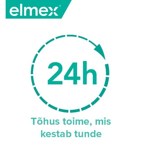 Roheline Elmexi ikoon tekstiga 24h ja Tõhus toime, mis kestab tunde.