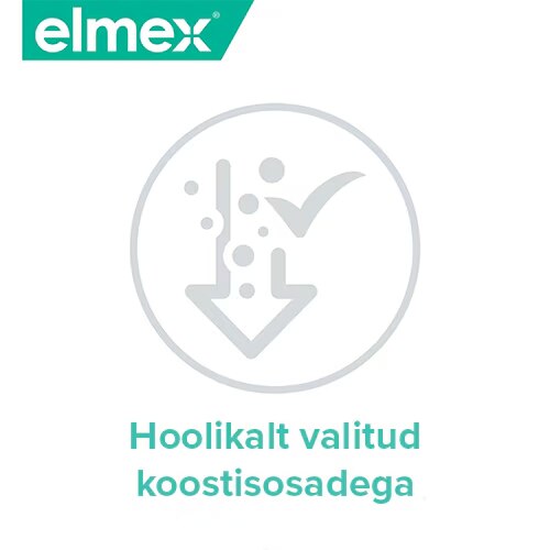 Roheline Elmexi ikoon noole ja linukesega ning tekstiga Hoolikalt valitud koostisosadega.