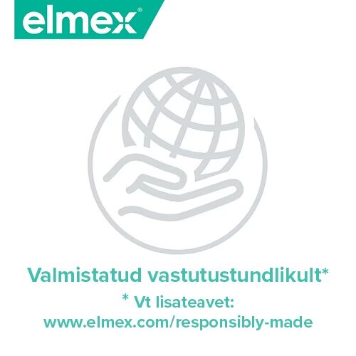 Roheline Elmexi ikoon maakera ja käe sümboliga ning tekstiga Valmistatud vastutustundlikult.