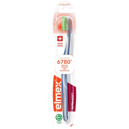 Pakendis Elmex Ultra Soft hambahari sinise varre ja roheliste harjastega.