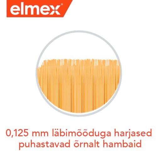 Elmexi pehmete harjaste lähivõte tekstiga "0,125 mm läbimõõduga harjased puhastavad õrnalt hambaid".