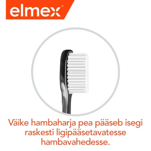 Elmexi väikese hambaharja pea ikoon tekstiga "Väike hambaharja pea pääseb isegi raskesti ligipääsetavatesse hambavahedesse."