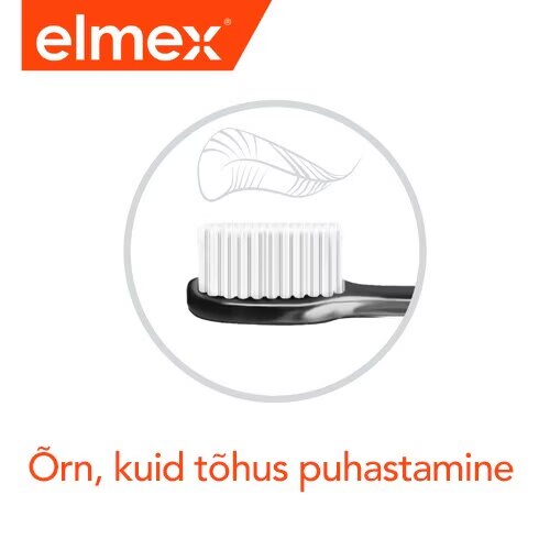 Elmexi väikese hambaharja pea ikoon tekstiga "Väike hambaharja pea pääseb isegi raskesti ligipääsetavatesse hambavahedesse."